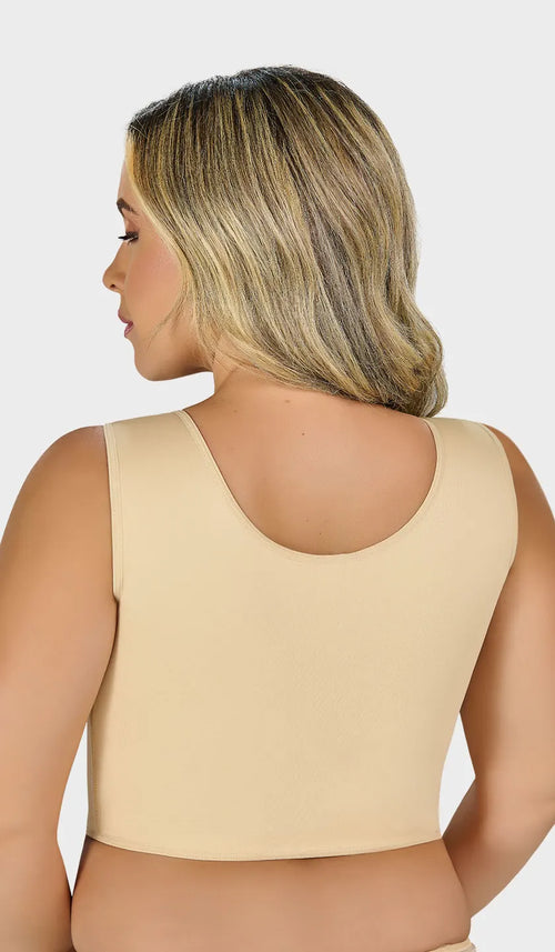 Brasier beige colombiano flexy size con realce de busto, espalda y sisa cubierta, varillas laterales y ganchos en 2 niveles. Soporte y ajuste superior. Envío a México.