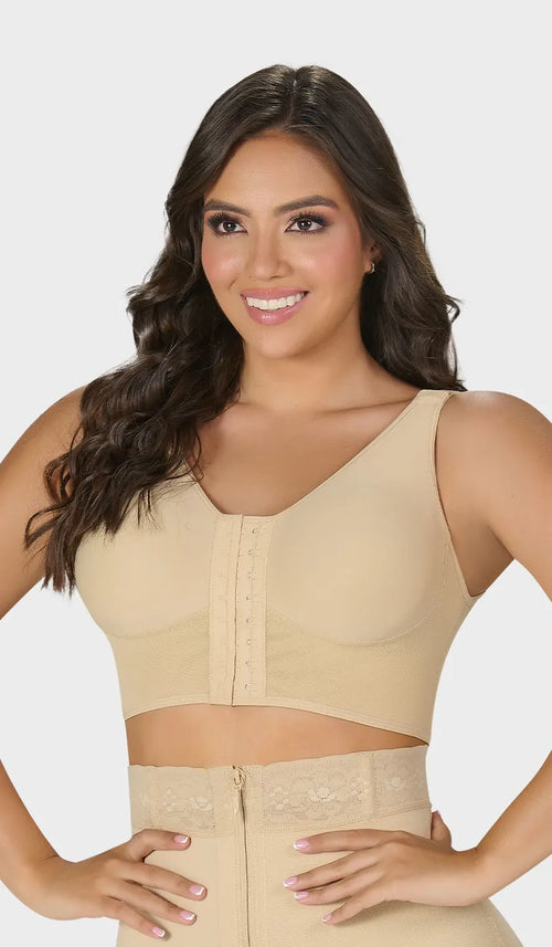 Brasier colombiano con copas prehormadas, hombro graduable, refuerzo posterior en X y ganchos en 2 niveles. Soporte y ajuste preciso todo el día. Envío a México.