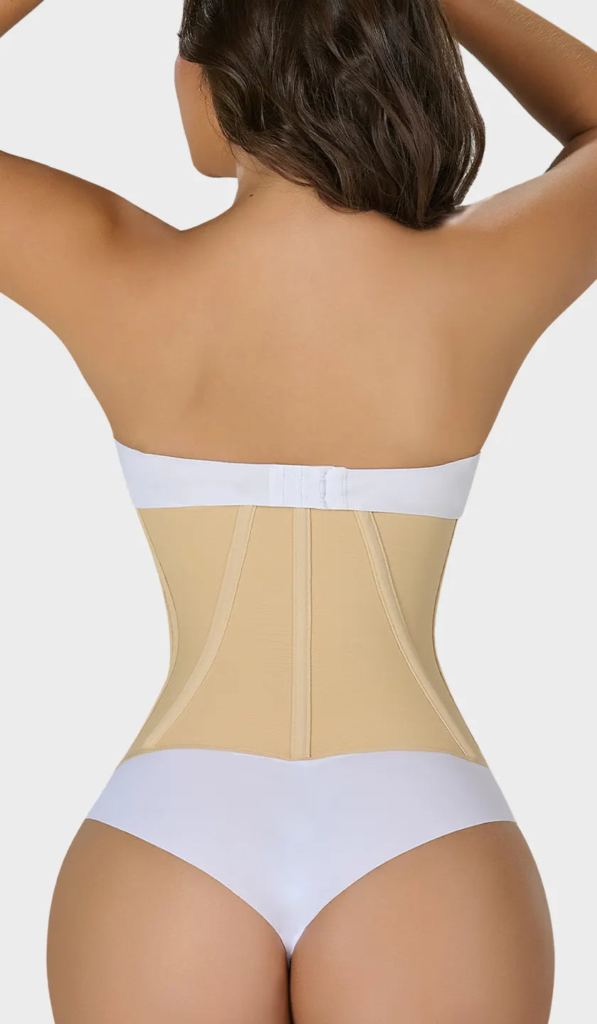 Cinturilla beige moldeadora colombiana strapless Ultra Reloj de Arena, cierre frontal con ganchos de refuerzo, varillas internas y 4 niveles de ganchos. Máximo control y definición de cintura. Ordena hoy, envío a todo México