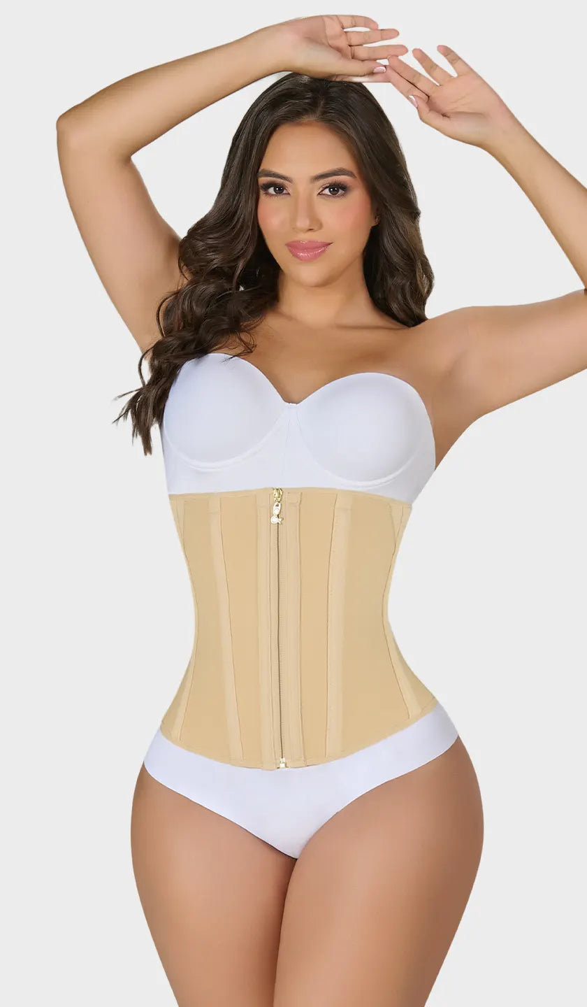 Cinturilla beige moldeadora colombiana strapless Ultra Reloj de Arena, cierre frontal con ganchos de refuerzo, varillas internas y 4 niveles de ganchos. Máximo control y definición de cintura. Ordena hoy, envío a todo México
