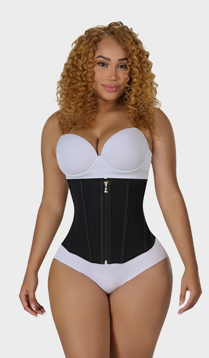 Cinturilla negra moldeadora colombiana strapless Ultra Reloj de Arena, cierre frontal con ganchos de refuerzo, varillas internas y 4 niveles de ganchos. Máximo control y definición de cintura. Ordena hoy, envío a todo México