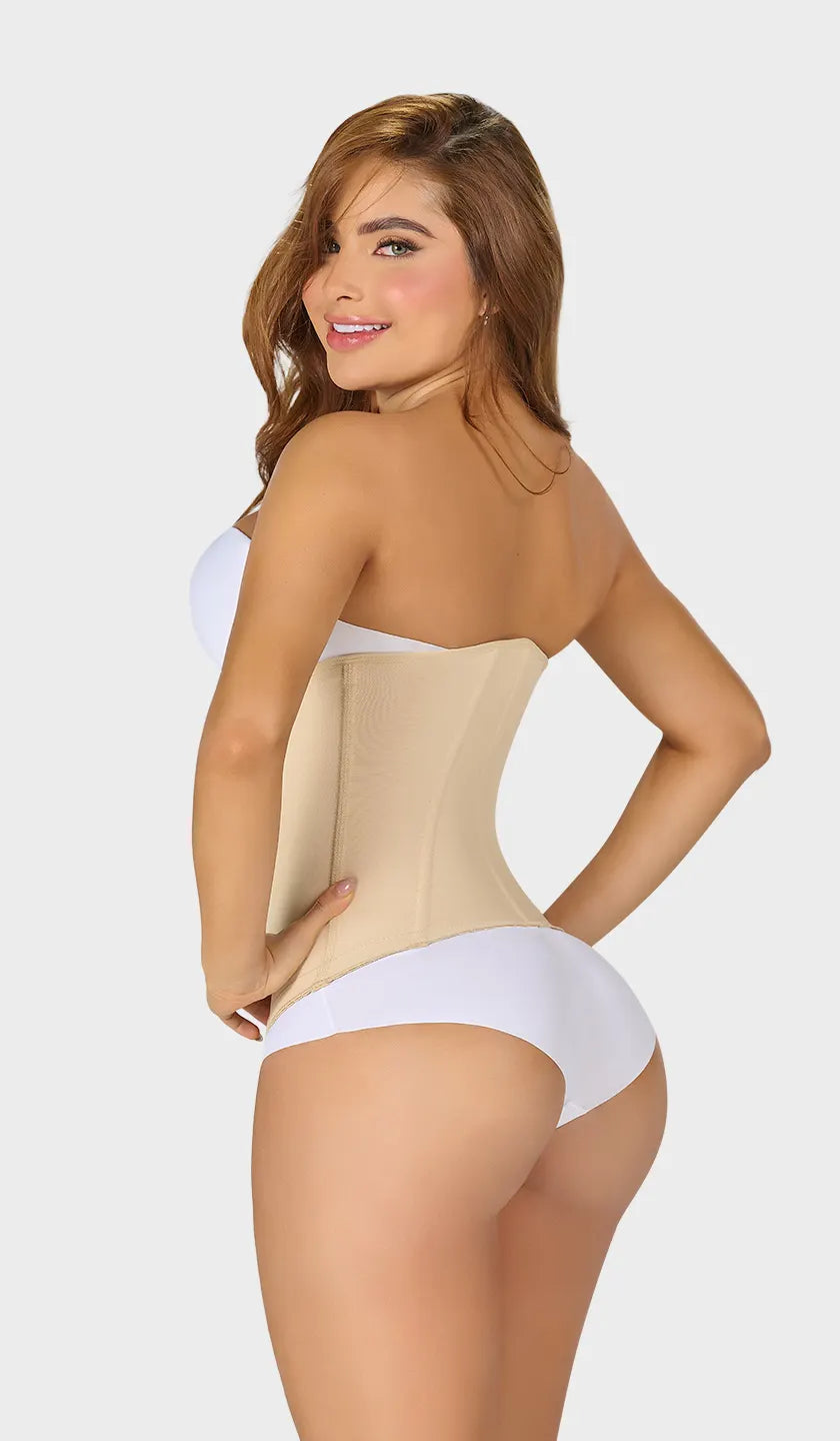 Cinturilla beige moldeadora colombiana strapless, varillas internas y silicón en contorno inferior. 4 niveles de ganchos para ajuste y definición perfecta. Ordena hoy, envío a todo México.