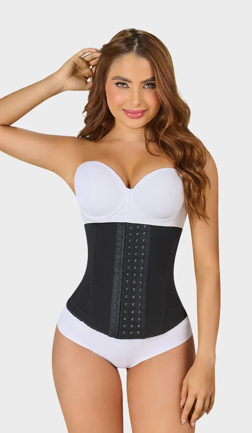 Cinturilla negra moldeadora colombiana strapless, varillas internas y silicón en contorno inferior. 4 niveles de ganchos para ajuste y definición perfecta. Ordena hoy, envío a todo México.