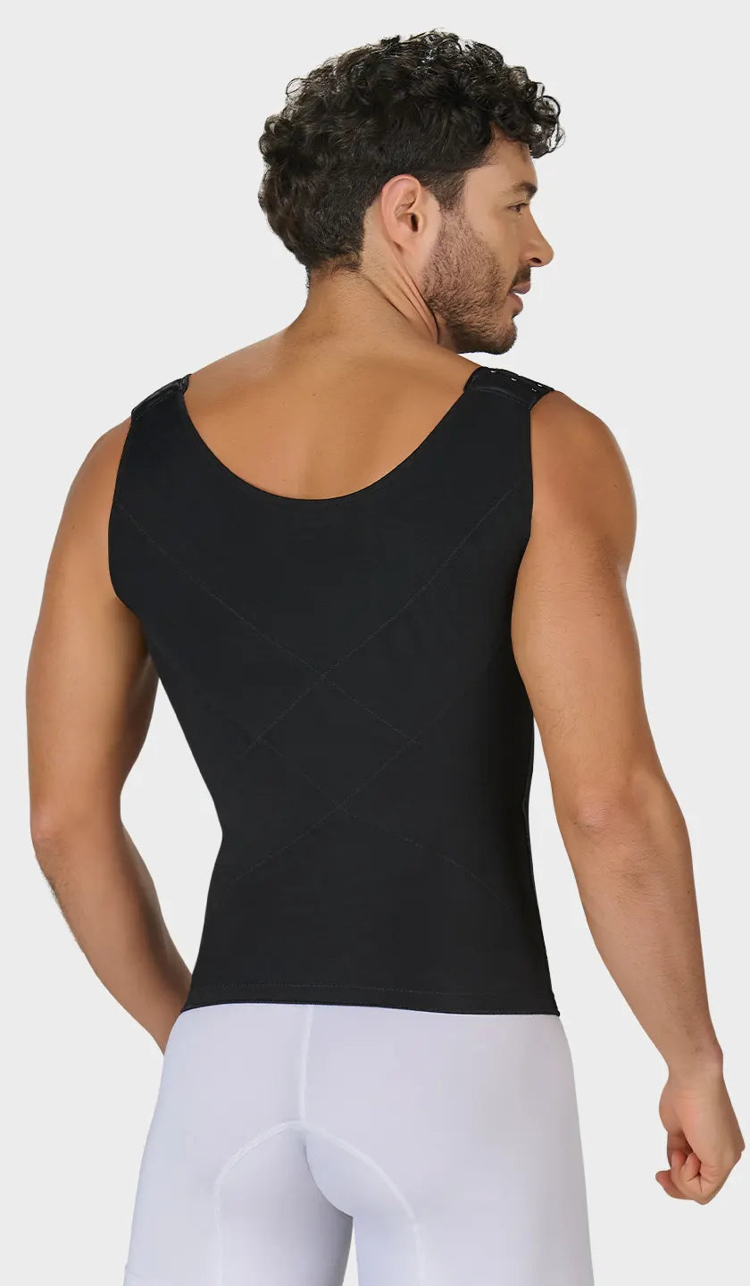 Chaleco masculino negro moldeador colombiano, espalda y manga sisa cubiertas, refuerzo abdominal y de espalda con hombro ajustable y 4 niveles de ganchos. Ordena hoy, envío a todo México.