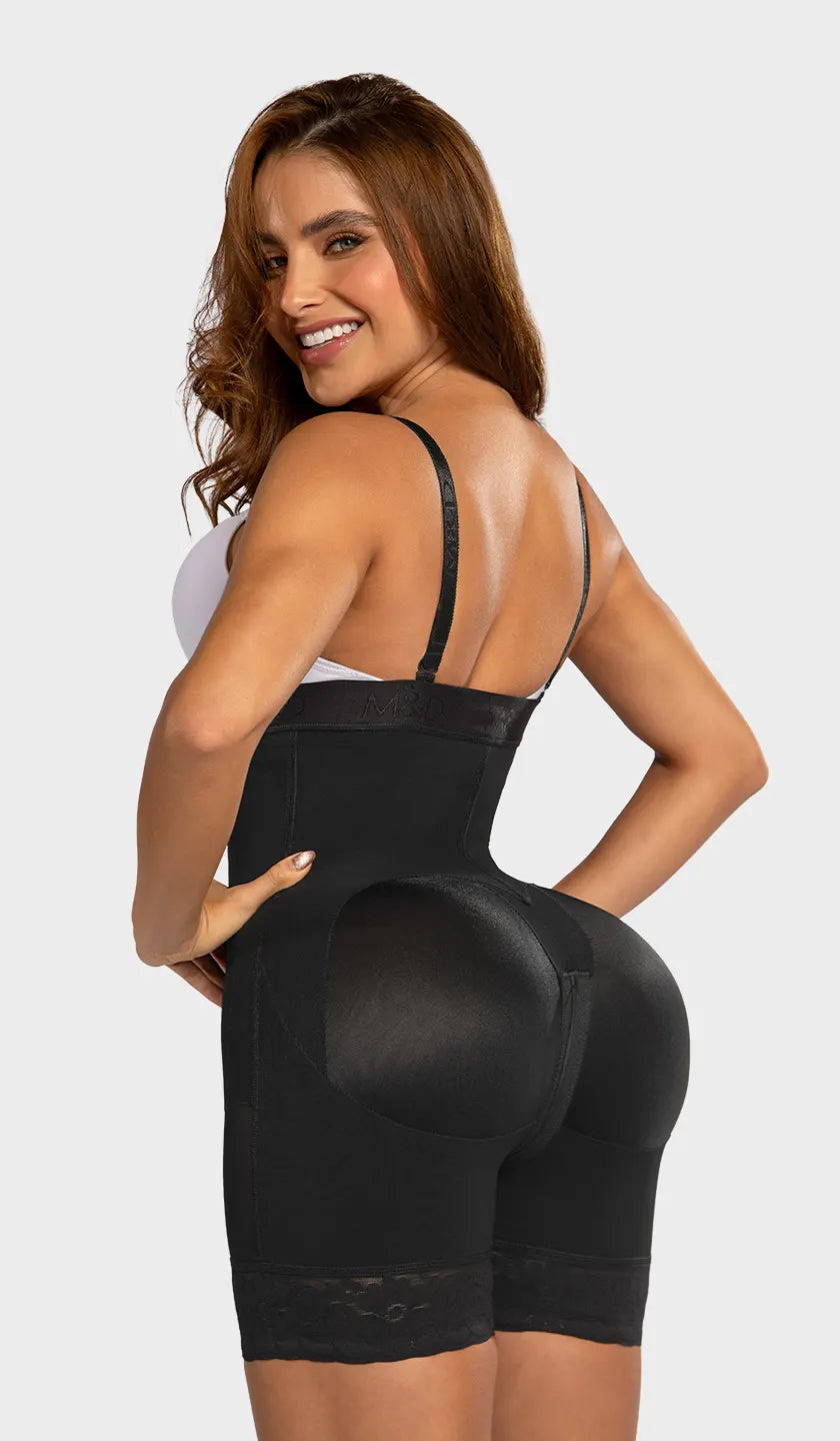 Faja moldeadora colombiana corta strapless, banda contramarcada, silicón en pierna y 4 niveles de ganchos. Cierre inferior y realce de glúteos garantizado. Ordena hoy, envío a todo México.