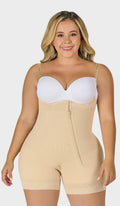 Faja colombiana corta strapless siliconado con tiras removibles, cierre diagonal, refuerzo abdominal y encaje siliconado en pierna. Cierre inferior y realce natural de glúteos. Envío a México.