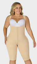 Faja beige colombiana larga flexy senos libres con refuerzo abdominal, tiras anchas ajustables y ganchos en 2 niveles. Cierre inferior y realce natural de glúteos. Envío a México.