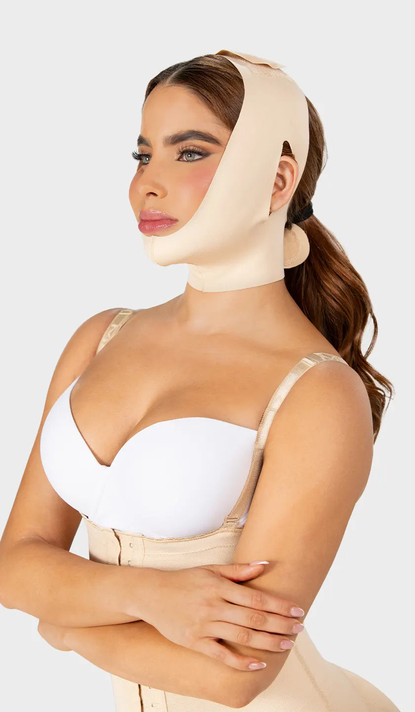 Mentonera moldeadora facial con orificios para orejas y sujetadores adhesivos. Define mentón y pómulos al instante. Ordena hoy con envío a todo México.
