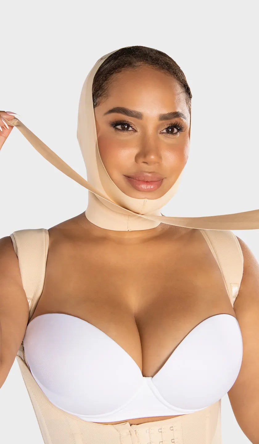 Mentonera facial de 3 bandas ajustables con adhesivo, abertura expandible para orejas y almohadilla opcional. Define mentón y rostro al instante. Envío a México.