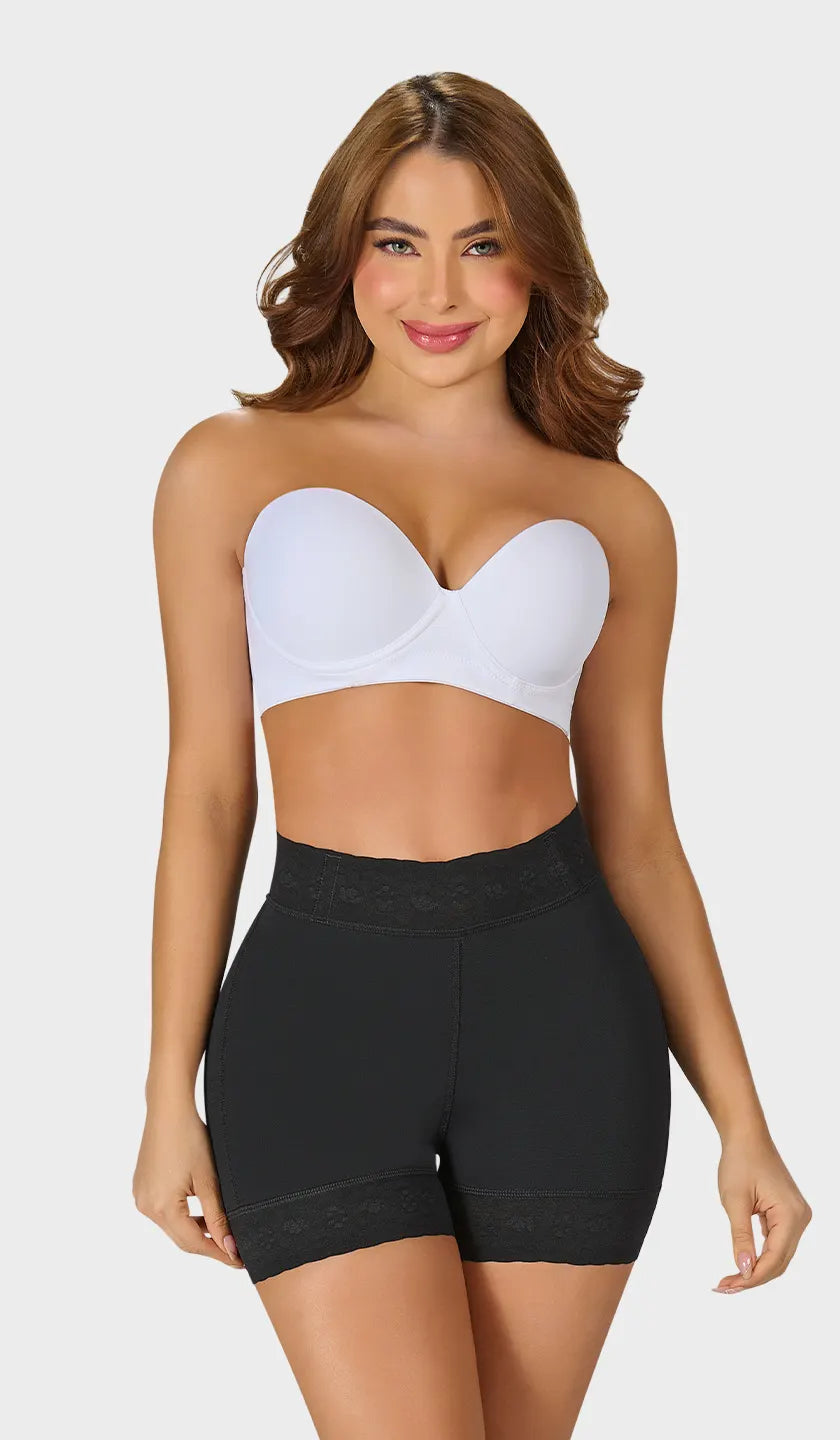 Short moldeador colombiano negro, talle alto con silicón en cintura y pierna. Define figura y realza glúteos de forma natural. Ordena hoy, envío a todo México.